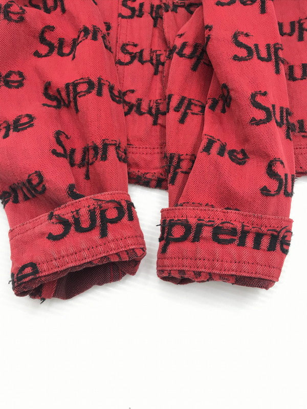 【現状渡し品】【メンズ】 SUPREME シュプリーム 21SS FRAYED LOGOS DENIM TRUCKER JACKET フレイ ロゴ デニム トラッカー ジャケット アウター 149-260527-na-07-tagh サイズ：M カラー：レッド 万代Net店