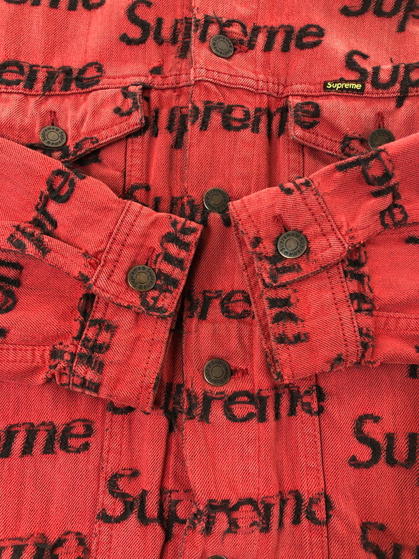 【現状渡し品】【メンズ】 SUPREME シュプリーム 21SS FRAYED LOGOS DENIM TRUCKER JACKET フレイ ロゴ デニム トラッカー ジャケット アウター 149-260527-na-07-tagh サイズ：M カラー：レッド 万代Net店