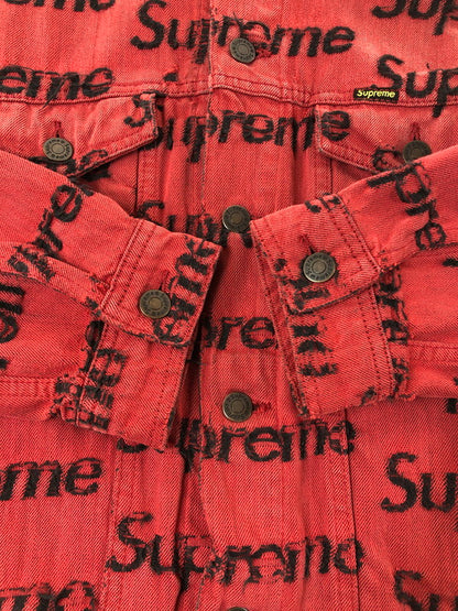 【現状渡し品】【メンズ】 SUPREME シュプリーム 21SS FRAYED LOGOS DENIM TRUCKER JACKET フレイ ロゴ デニム トラッカー ジャケット アウター 149-260527-na-07-tagh サイズ：M カラー：レッド 万代Net店