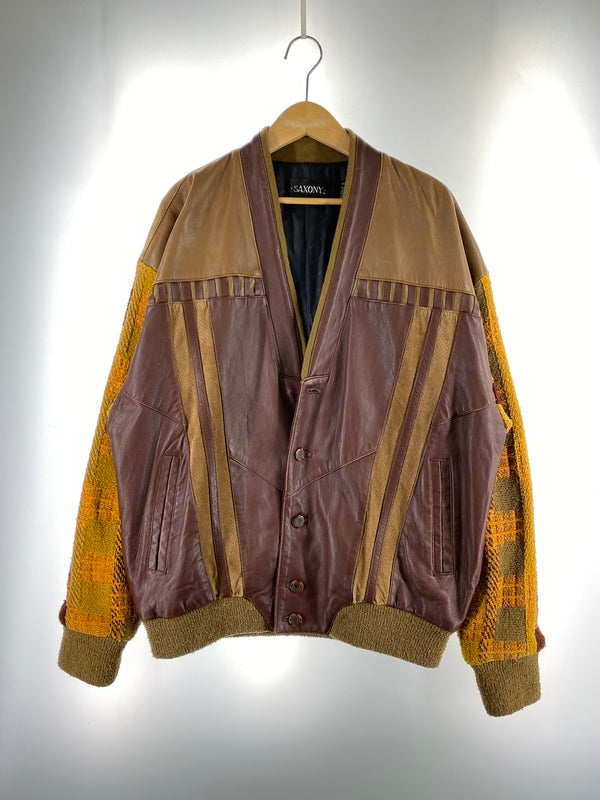 【中古品】【メンズ】 SAXONY サキソニー 袖ニット レザージャケット 上着 アウター 146-260822-hu-52-min サイズ：L カラー：ブラウン/イエロー 万代Net店