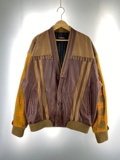【中古品】【メンズ】 SAXONY サキソニー 袖ニット レザージャケット 上着 アウター 146-260822-hu-52-min サイズ：L カラー：ブラウン/イエロー 万代Net店