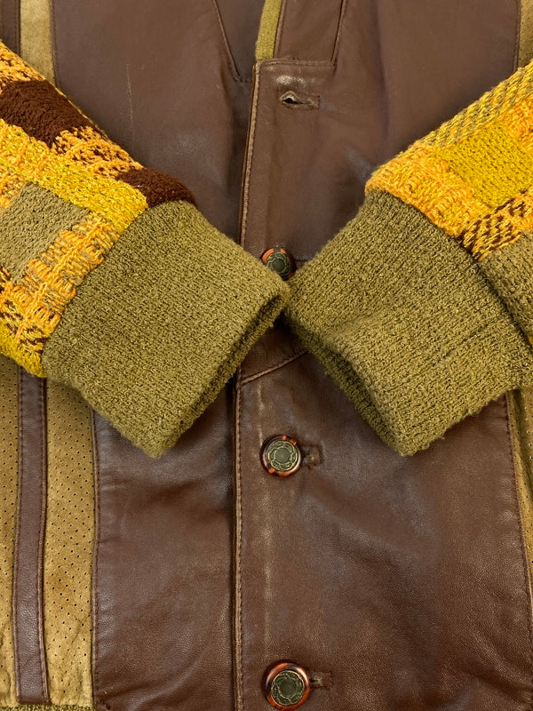 【中古品】【メンズ】 SAXONY サキソニー 袖ニット レザージャケット 上着 アウター 146-260822-hu-52-min サイズ：L カラー：ブラウン/イエロー 万代Net店