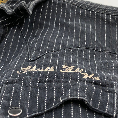 【現状渡し品】【メンズ】 SKULL FLIGHT スカルフライト RIDERS STRIPE WESTERN L/S SHIRT ライダース ストライプ ウエスタン 長袖シャツ カジュアルシャツ トップス 145-260727-hn-03-fur サイズ：38 カラー：グレー系 万代Net店