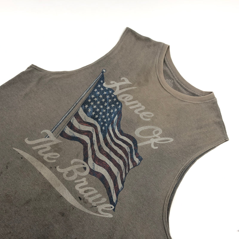 【ジャンク品】【メンズ】 USED ユーズド "HOME OF THE BREAVE" SLEEVELESS TEE スリーブレスTシャツ ノースリーブ タンクトップ トップス 146-260802-hn-06-fur サイズ：XL カラー：グレー系 万代Net店