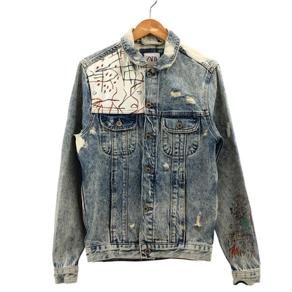 【中古品】【メンズ】 ZARA ザラ ×JEAN‐MICHEL BASQUIAT ジャン＝ミシェル・バスキア DENIM JACKET デニムジャケット ダメージ加工 アウター 147-260520-hn-06-fur サイズ：S カラー：ブルー系 万代Net店