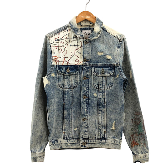 【中古品】【メンズ】 ZARA ザラ ×JEAN‐MICHEL BASQUIAT ジャン＝ミシェル・バスキア DENIM JACKET デニムジャケット ダメージ加工 アウター 147-260520-hn-06-fur サイズ：S カラー：ブルー系 万代Net店