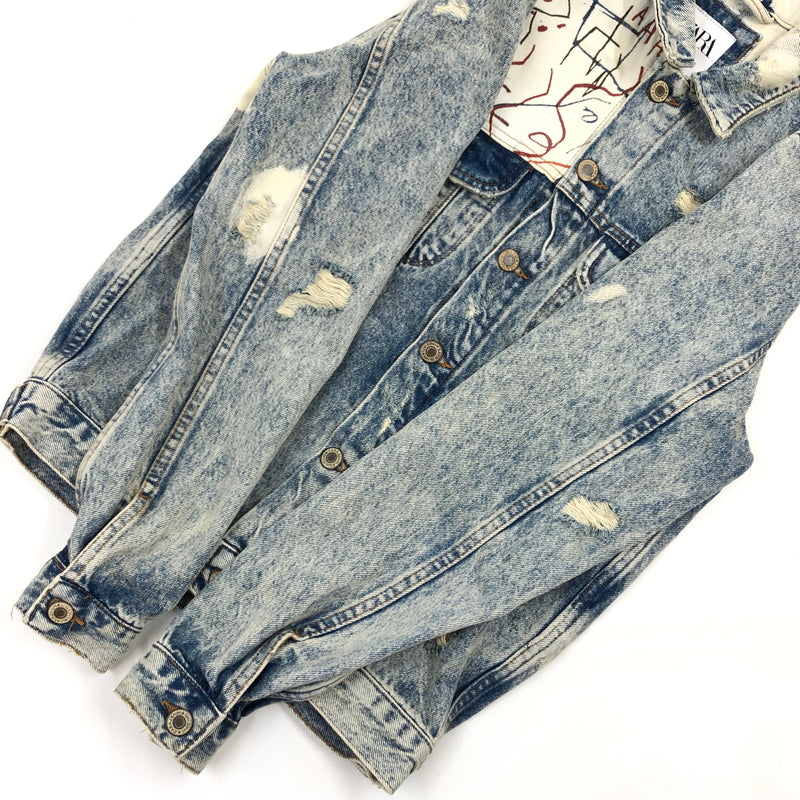 【中古品】【メンズ】 ZARA ザラ ×JEAN‐MICHEL BASQUIAT ジャン＝ミシェル・バスキア DENIM JACKET デニムジャケット ダメージ加工 アウター 147-260520-hn-06-fur サイズ：S カラー：ブルー系 万代Net店