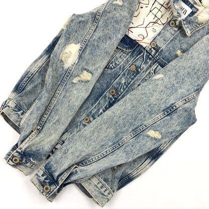 【中古品】【メンズ】 ZARA ザラ ×JEAN‐MICHEL BASQUIAT ジャン＝ミシェル・バスキア DENIM JACKET デニムジャケット ダメージ加工 アウター 147-260520-hn-06-fur サイズ：S カラー：ブルー系 万代Net店