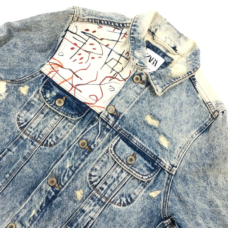 【中古品】【メンズ】 ZARA ザラ ×JEAN‐MICHEL BASQUIAT ジャン＝ミシェル・バスキア DENIM JACKET デニムジャケット ダメージ加工 アウター 147-260520-hn-06-fur サイズ：S カラー：ブルー系 万代Net店