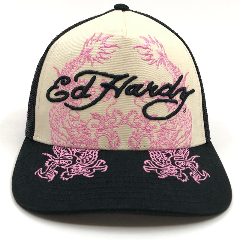 【中古品】【メンズ/レディース】 ED HARDY エドハーディ DRAGON TRUCKER SNAPBACK ドラゴン トラッカー スナップバック ベースボールキャップ 帽子 185-260910-hn-06-fur サイズ：F カラー：ブラック/ホワイト/ピンク 万代Net店
