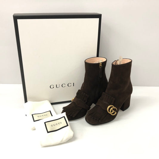 【中古品】【レディース】 GUCCI グッチ 408210 GG MARMONT FRINGED SUEDE ANKLE BOOTS GGマーモント スエード アンクルブーツ 靴 183-231102-183-231102-ma-7-tei-tei サイズ：35 1/2 カラー：ブラウン 万代Net店