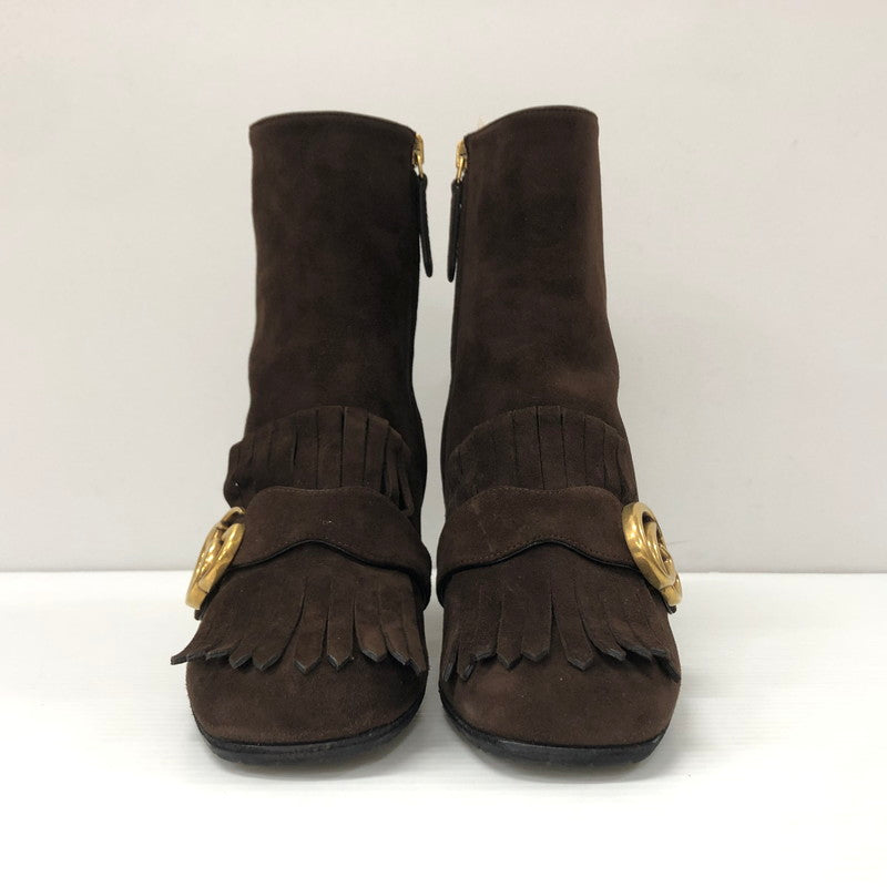 【中古品】【レディース】 GUCCI グッチ 408210 GG MARMONT FRINGED SUEDE ANKLE BOOTS GGマーモント スエード アンクルブーツ 靴 183-231102-183-231102-ma-7-tei-tei サイズ：35 1/2 カラー：ブラウン 万代Net店