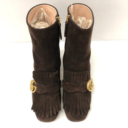 【中古品】【レディース】 GUCCI グッチ 408210 GG MARMONT FRINGED SUEDE ANKLE BOOTS GGマーモント スエード アンクルブーツ 靴 183-231102-183-231102-ma-7-tei-tei サイズ：35 1/2 カラー：ブラウン 万代Net店