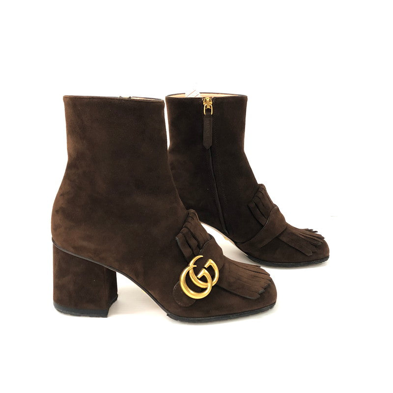 【中古品】【レディース】 GUCCI グッチ 408210 GG MARMONT FRINGED SUEDE ANKLE BOOTS GGマーモント スエード アンクルブーツ 靴 183-231102-183-231102-ma-7-tei-tei サイズ：35 1/2 カラー：ブラウン 万代Net店