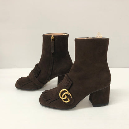 【中古品】【レディース】 GUCCI グッチ 408210 GG MARMONT FRINGED SUEDE ANKLE BOOTS GGマーモント スエード アンクルブーツ 靴 183-231102-183-231102-ma-7-tei-tei サイズ：35 1/2 カラー：ブラウン 万代Net店