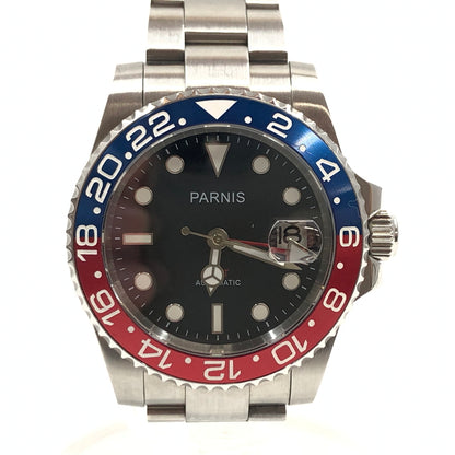 【中古品】【メンズ】 PARNIS パーニス GMT AUTOMATIC ANALOG WATCH 黒文字盤 GMTオートマチック アナログウォッチ 腕時計 197-260701-hn-12-fur カラー：シルバー系 万代Net店