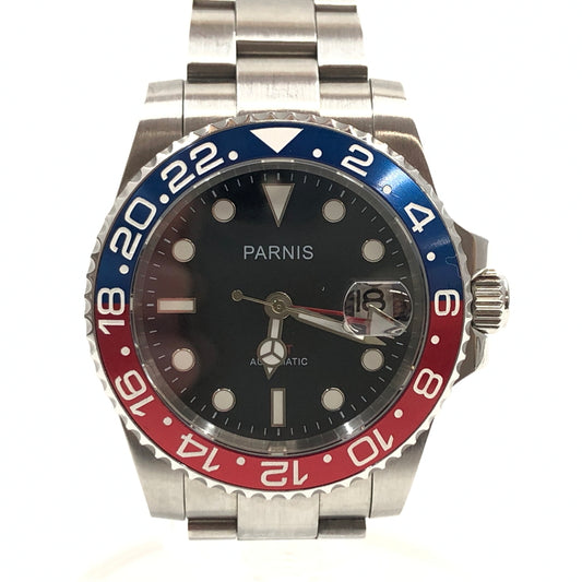【中古品】【メンズ】 PARNIS パーニス GMT AUTOMATIC ANALOG WATCH 黒文字盤 GMTオートマチック アナログウォッチ 腕時計 197-260701-hn-12-fur カラー：シルバー系 万代Net店