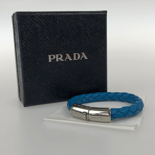 【中古品】【レディース】 PRADA プラダ レザー編み込みブレスレット 1IB144 ブルー L 付属品あり 182-241226-SY-17-iwa カラー：ブルー 万代Net店