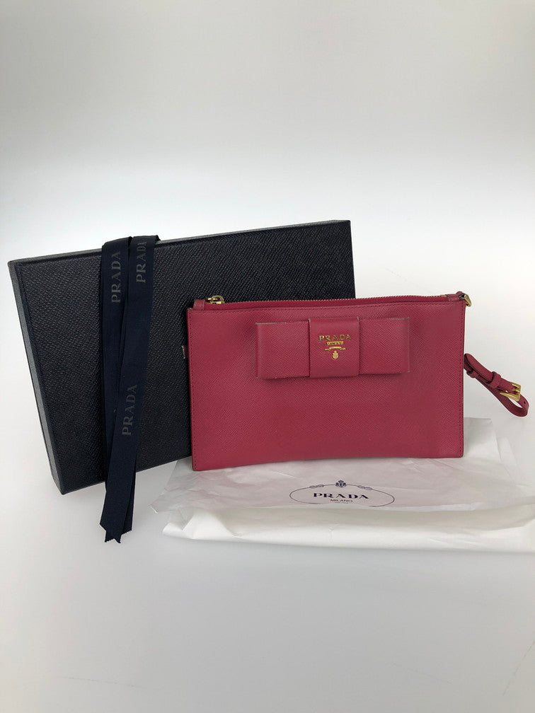 【中古品】【レディース】 PRADA プラダ レザー ポーチ サフィアーノ リボン コスメポーチ 箱付き 181-241226-SY-20-iwa カラー：PINK系 万代Net店