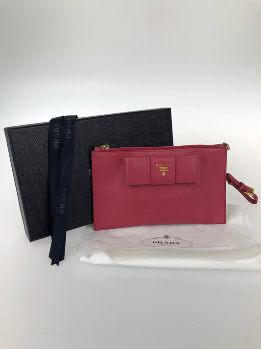 【中古品】【レディース】 PRADA プラダ レザー ポーチ サフィアーノ リボン コスメポーチ 箱付き 181-241226-SY-20-iwa カラー：PINK系 万代Net店