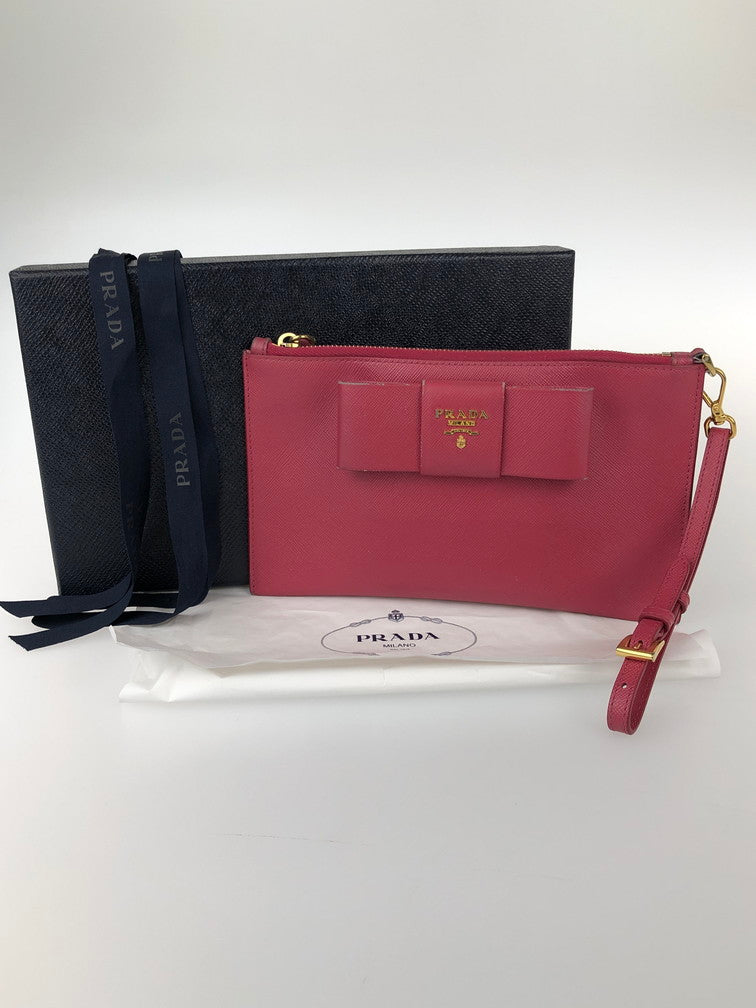 【中古品】【レディース】 PRADA プラダ レザー ポーチ サフィアーノ リボン コスメポーチ 箱付き 181-241226-SY-20-iwa カラー：PINK系 万代Net店