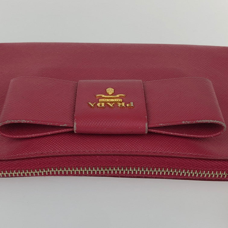 【中古品】【レディース】 PRADA プラダ レザー ポーチ サフィアーノ リボン コスメポーチ 箱付き 181-241226-SY-20-iwa カラー：PINK系 万代Net店