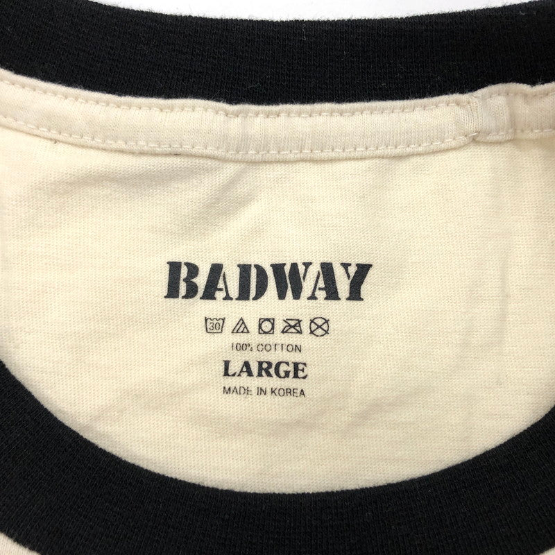 【中古美品】【メンズ/レディース】 BADWAY バッドウェイ Paint logo linger TEE プリント ロゴ リンガー Tシャツ バックプリント 半袖 トップス ストリート系 142-240517-rs-01-fur サイズ：L カラー：オフホワイト/ブラック 万代Net店