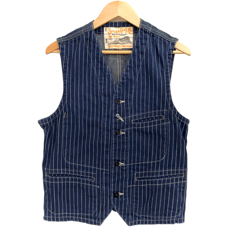 【中古品】【メンズ】 SUGAR CANE シュガーケーン 9OZ. WABASH STRIPE WORK VEST SC12654 ワークベスト トップス 古着 145-260728-rs-02-fur サイズ：38 カラー：インディゴブルー 万代Net店