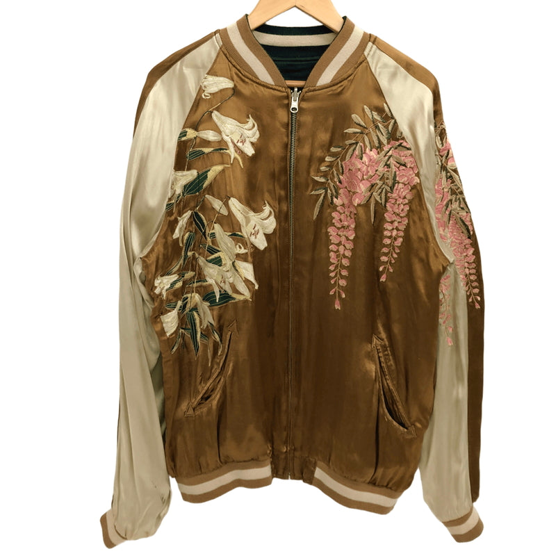 【現状渡し品】【メンズ】 USED REVERSIBLE SOUVENIR JACKET リバーシブル スーベニアジャケット スカジャン アウター "月×鶴×藤×百合" 古着 145-260731-rs-10-fur サイズ：不明 カラー：ネイビー×ブラウン 万代Net店