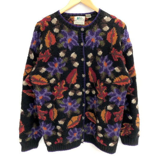 【中古品】【メンズ/レディース】 REI WOOL KNIT CARDIGAN ニット カーディガン 花 葉 総柄 長袖 トップス 古着 ヴィンテージ 146-260522-rs-01-fur サイズ：L カラー：ブラック 万代Net店