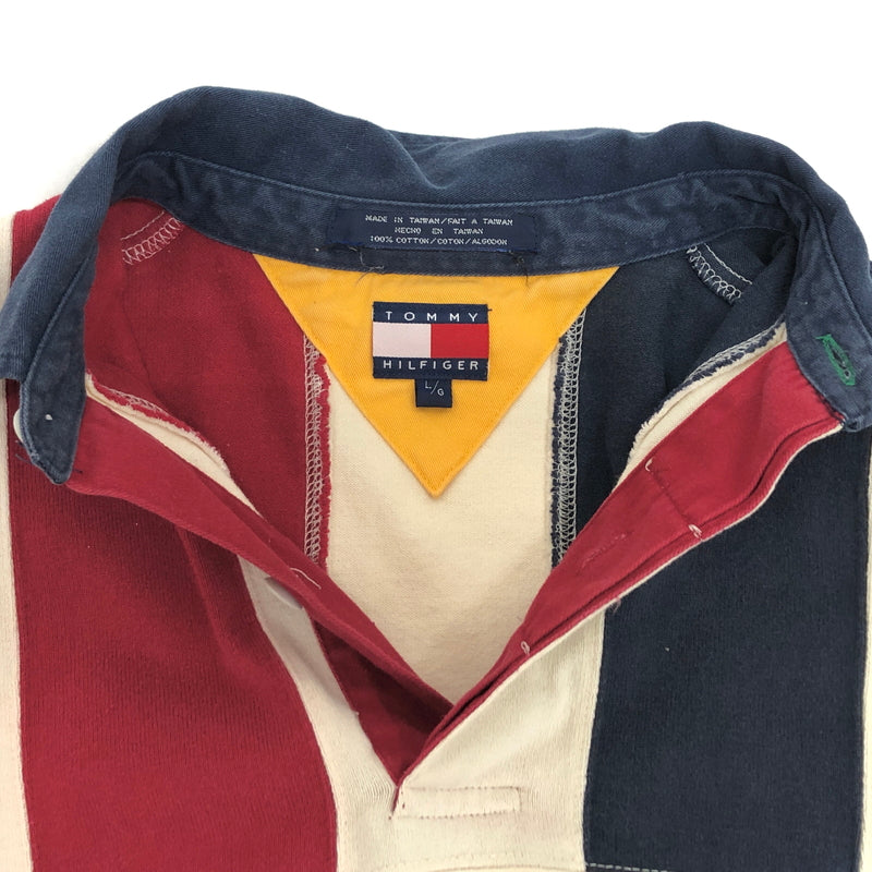 【現状渡し品】【メンズ】 TOMMY HILFIGER トミーヒルフィガー 90S LOGO HEAVY WEIGHT POLO SHIRT 長袖 シャツ トップス 古着 ヴィンテージ 146-260603-rs-01-fur サイズ：L カラー：ネイビー/レッド/ホワイト 万代Net店