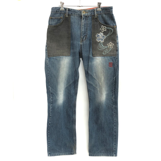 【現状渡し品】【メンズ】 絡繰魂 カラクリ魂 DENIM PANTS 283261 桜流水 刺繍入り デニムパンツ 和柄 Gパン ジーンズ ボトムス 古着 156-260605-rs-04-fur サイズ：34 カラー：インディゴ 万代Net店