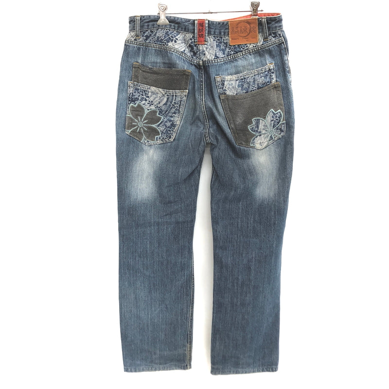 【現状渡し品】【メンズ】 絡繰魂 カラクリ魂 DENIM PANTS 283261 桜流水 刺繍入り デニムパンツ 和柄 Gパン ジーンズ ボトムス 古着 156-260605-rs-04-fur サイズ：34 カラー：インディゴ 万代Net店