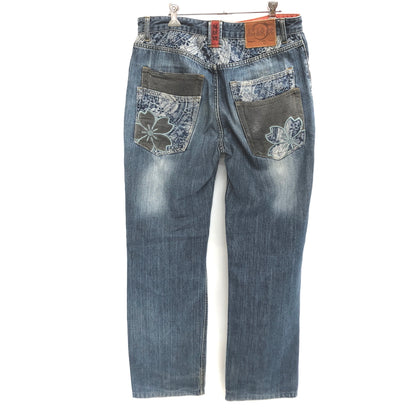 【現状渡し品】【メンズ】 絡繰魂 カラクリ魂 DENIM PANTS 283261 桜流水 刺繍入り デニムパンツ 和柄 Gパン ジーンズ ボトムス 古着 156-260605-rs-04-fur サイズ：34 カラー：インディゴ 万代Net店