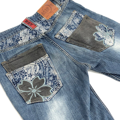 【現状渡し品】【メンズ】 絡繰魂 カラクリ魂 DENIM PANTS 283261 桜流水 刺繍入り デニムパンツ 和柄 Gパン ジーンズ ボトムス 古着 156-260605-rs-04-fur サイズ：34 カラー：インディゴ 万代Net店