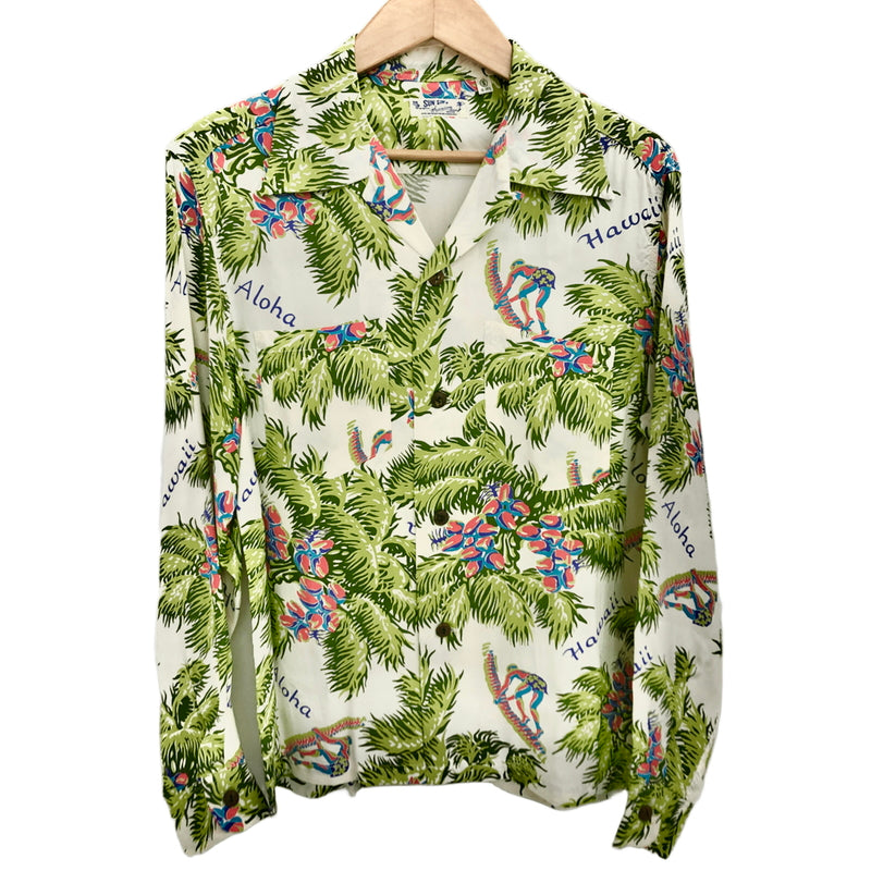 【中古品】【メンズ】 SUN SURF サンサーフ L/S RAYON ALOHA SHIRT SS23304 アロハシャツ ハワイアンシャツ 長袖 トップス レーヨン 総柄 東洋エンタープライズ 145-260612-rs-03-fur サイズ：S カラー：ホワイト/グリーン 万代Net店