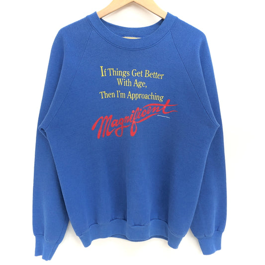 【現状渡し品】【メンズ】 FRUITS OF THE LOOM フルーツオブザルーム 90S PRINT SWEATSHIRT スウェット トレーナー 長袖 トップス 古着 ヴィンテージ 146-260615-rs-02-fur サイズ：L カラー：ブルー 万代Net店