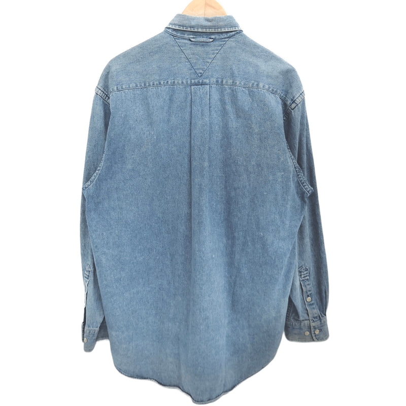 【現状渡し品】【メンズ】 TOMMY HILFIGER トミーヒルフィガー 90S LS DENIM BD SHIRT ダメージ加工 長袖 シャツ トップス 古着 ヴィンテージ 146-260616-rs-10-fur サイズ：S カラー：ブルー系 万代Net店
