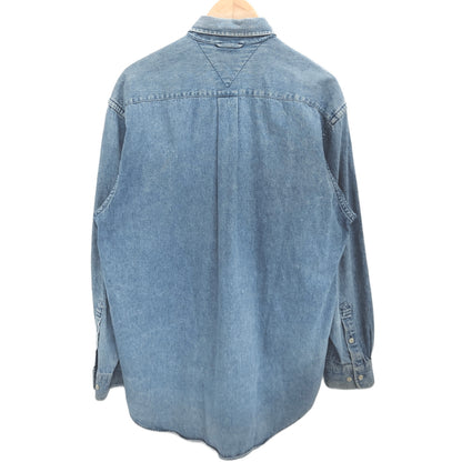 【現状渡し品】【メンズ】 TOMMY HILFIGER トミーヒルフィガー 90S LS DENIM BD SHIRT ダメージ加工 長袖 シャツ トップス 古着 ヴィンテージ 146-260616-rs-10-fur サイズ：S カラー：ブルー系 万代Net店