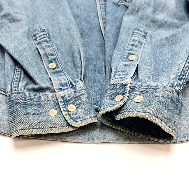 【現状渡し品】【メンズ】 TOMMY HILFIGER トミーヒルフィガー 90S LS DENIM BD SHIRT ダメージ加工 長袖 シャツ トップス 古着 ヴィンテージ 146-260616-rs-10-fur サイズ：S カラー：ブルー系 万代Net店