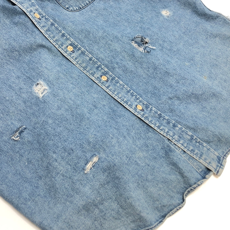 【現状渡し品】【メンズ】 TOMMY HILFIGER トミーヒルフィガー 90S LS DENIM BD SHIRT ダメージ加工 長袖 シャツ トップス 古着 ヴィンテージ 146-260616-rs-10-fur サイズ：S カラー：ブルー系 万代Net店