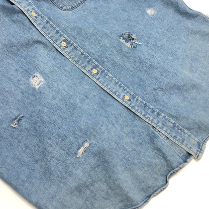 【現状渡し品】【メンズ】 TOMMY HILFIGER トミーヒルフィガー 90S LS DENIM BD SHIRT ダメージ加工 長袖 シャツ トップス 古着 ヴィンテージ 146-260616-rs-10-fur サイズ：S カラー：ブルー系 万代Net店