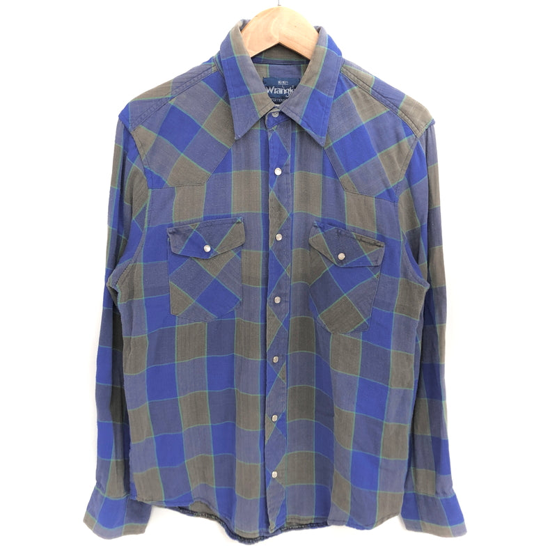 【ジャンク品】【メンズ】 WRANGLER ラングラー 80S SNAP BUTTON L/S CHECK SHIRT チェックシャツ 長袖 トップス スナップボタン 古着 ヴィンテージ 146-260623-rs-08-fur サイズ：L カラー：ブルー/グレー 万代Net店