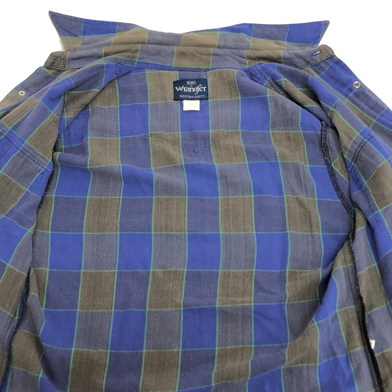 【ジャンク品】【メンズ】 WRANGLER ラングラー 80S SNAP BUTTON L/S CHECK SHIRT チェックシャツ 長袖 トップス スナップボタン 古着 ヴィンテージ 146-260623-rs-08-fur サイズ：L カラー：ブルー/グレー 万代Net店