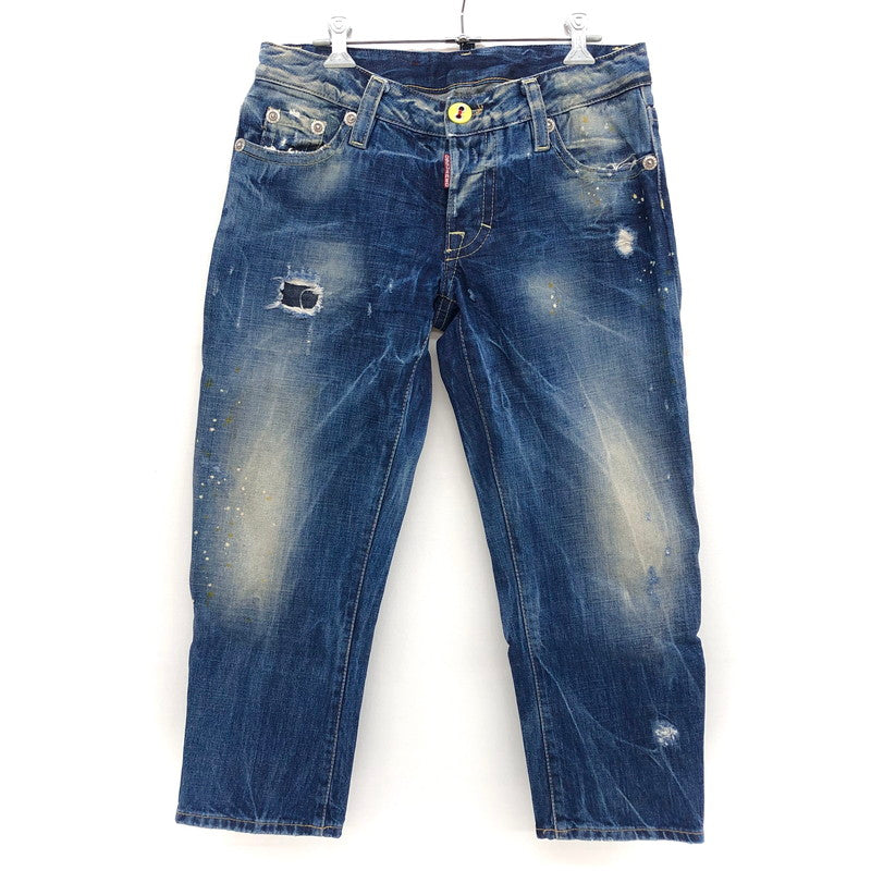 【現状渡し品】【レディース】 DSQUARED2 ディースクエアード Cropped Jeans デニムパンツ クロップド丈 ペイント ダメージ加工 ジーンズ ボトムス 152-241213-rs-04-fur サイズ：40 カラー：インディゴ 万代Net店