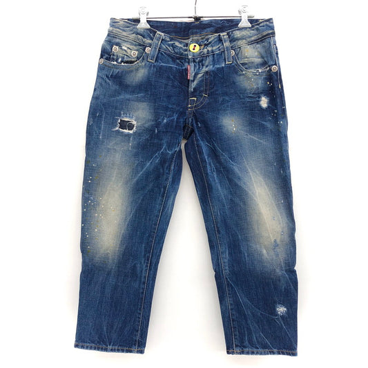 【現状渡し品】【レディース】 DSQUARED2 ディースクエアード Cropped Jeans デニムパンツ クロップド丈 ペイント ダメージ加工 ジーンズ ボトムス 152-241213-rs-04-fur サイズ：40 カラー：インディゴ 万代Net店