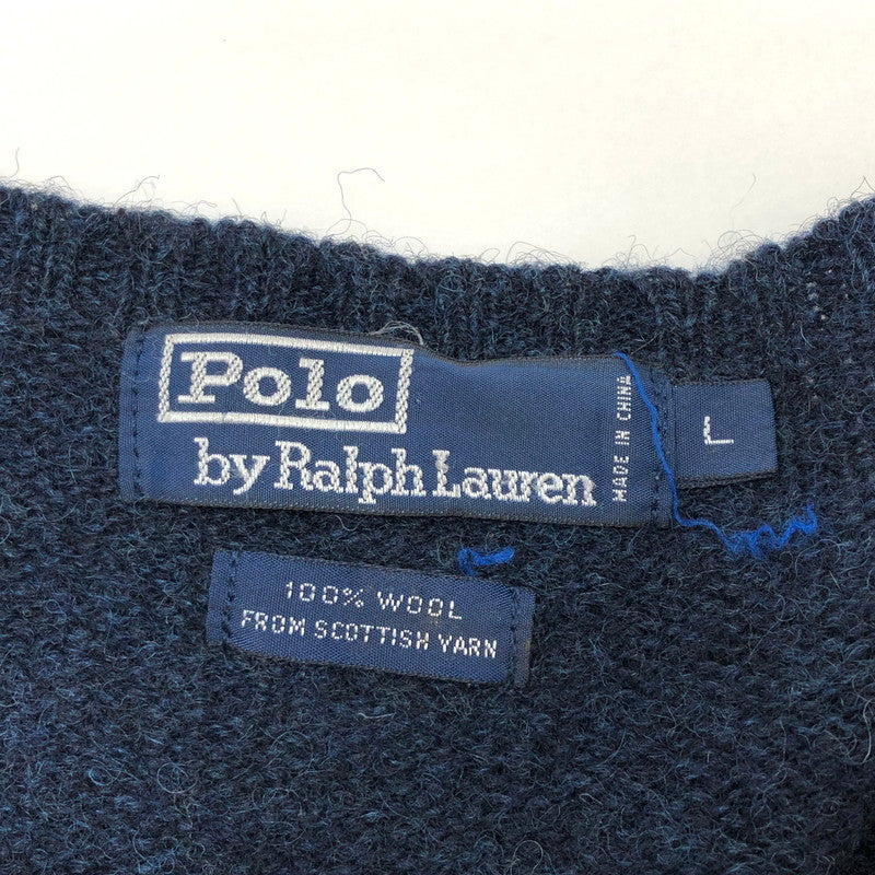 【中古品】【メンズ】 POLO RALPH LAUREN ポロ・ラルフローレン 90S FROM SCOTTISH YARN WOOL KNIT ニット セーター 長袖 トップス 古着 ヴィンテージ系 146-260422-rs-07-fur サイズ：L カラー：ネイビー 万代Net店